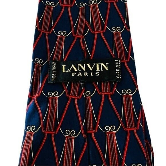 LANVIN Men’s 3.5” Silk Tie Navy Red Gold - Picture 6 of 10